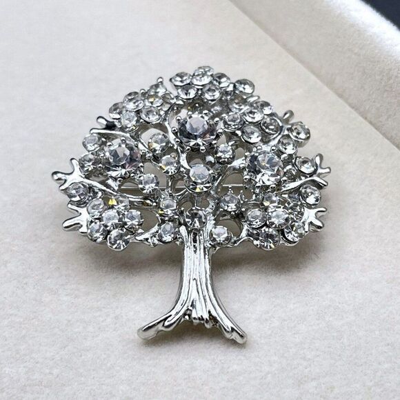 Silver with White Diamond Crystal Blooming Tree Pin Back Brooch - Picture 4 of 9